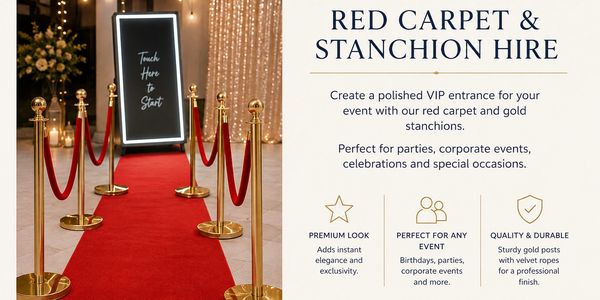 Red carpet and gold stanchions for hire, perfect for events.