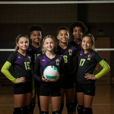 Young volleyball team posing confidently in uniforms with a volleyball.