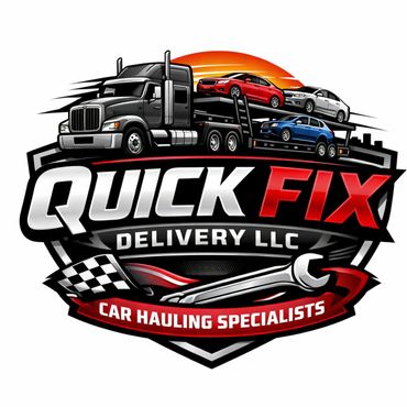 Logo for Quick Fix Delivery LLC, car hauling specialists with a truck carrying cars.
