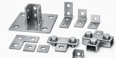 Set of metal brackets and connectors.