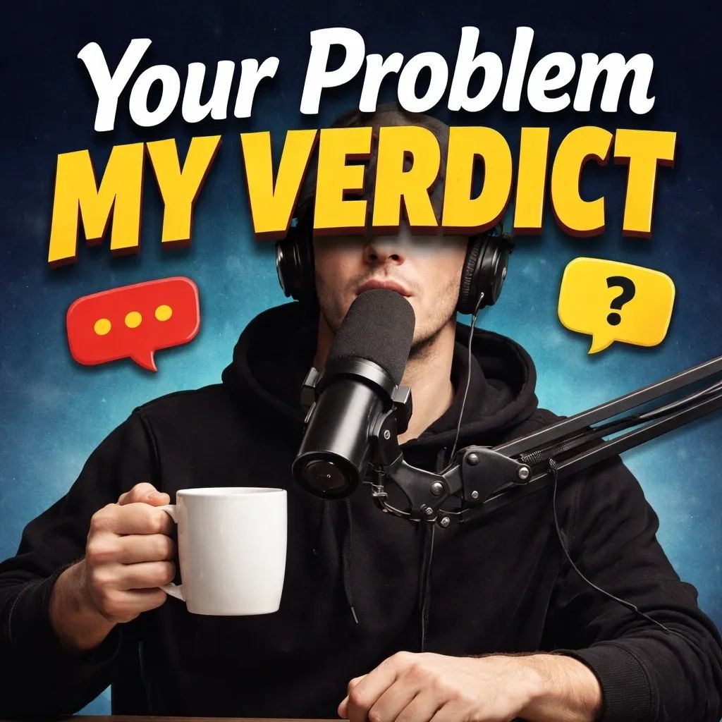 Person recording podcast with text 'Your Problem My Verdict' above.