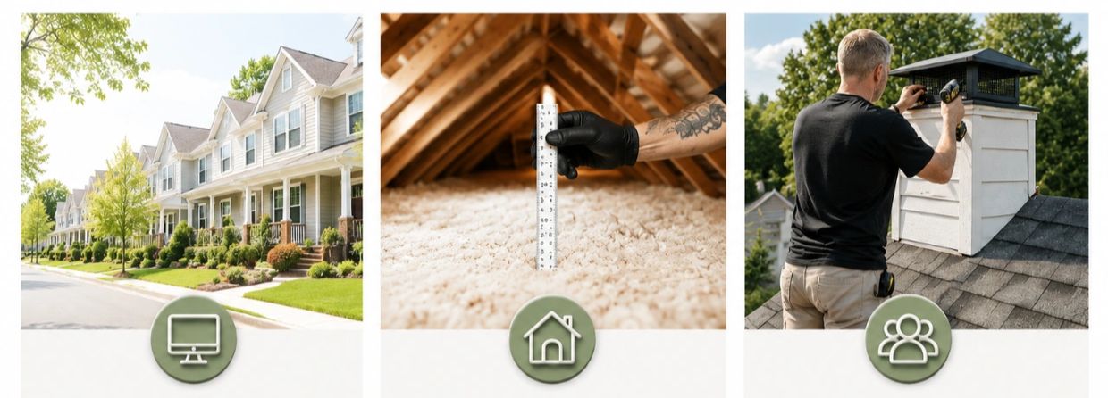 Home exterior, attic insulation measurement, and chimney repair.