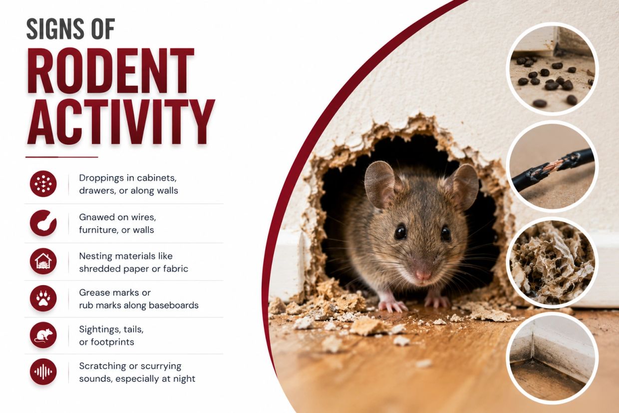 Signs of rodent activity including droppings and gnawed wires.