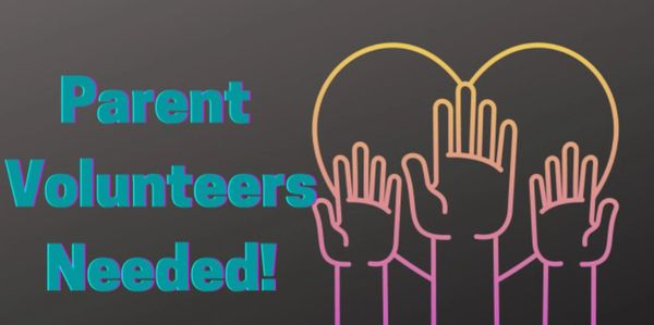 Sign asking for parent volunteers with raised hands illustration.
