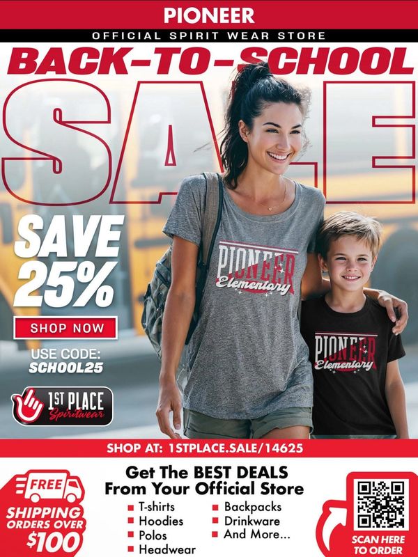 Back-to-school sale with 25% off on Pioneer Elementary spirit wear.
