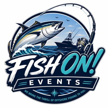 Logo for Fish On! Events with a tuna and fishing boat.