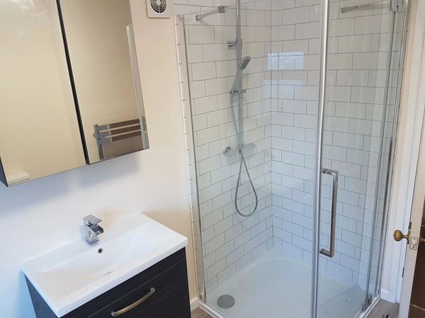 Shower cubicle and tiling renovation. Vanity basin install with splash back tiles and mirror install