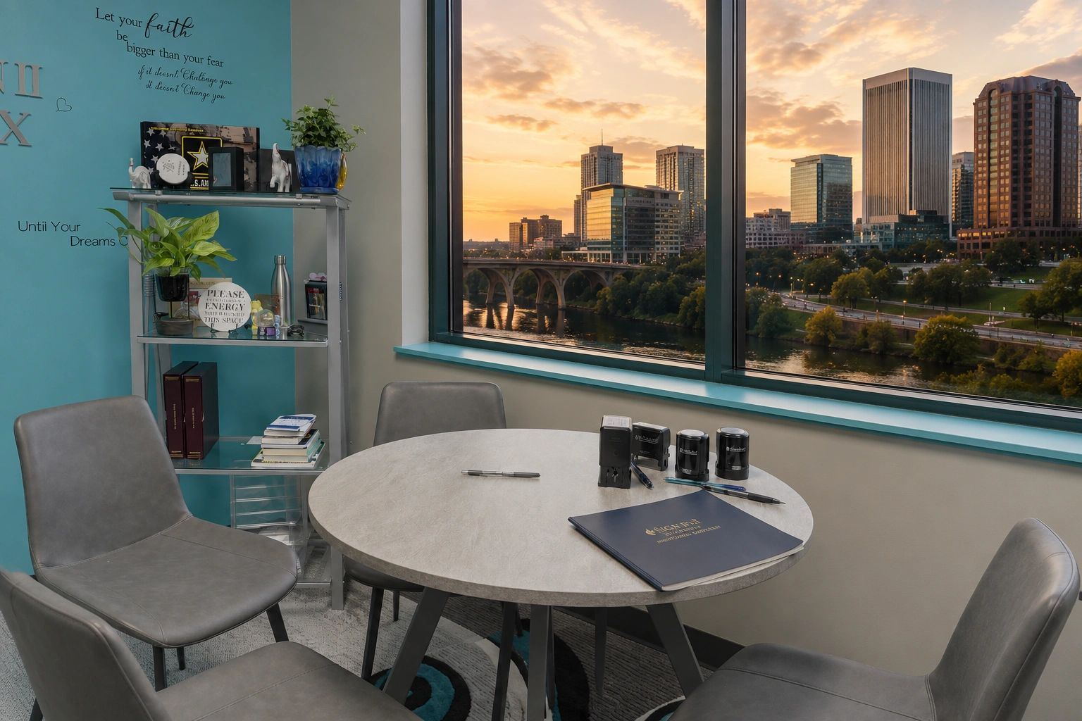 Modern office meeting room with city skyline view at sunset.