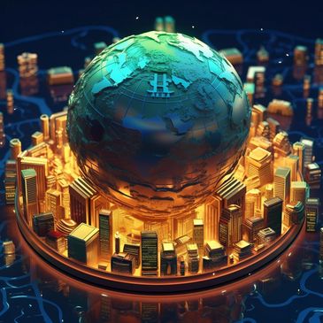 Glowing cityscape surrounding a futuristic globe at night.