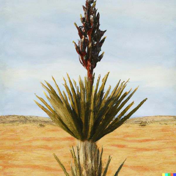 Desert plant with a blooming flower against a blue sky.