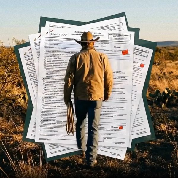 Cowboy walking towards large government forms in a field.