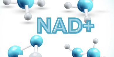 3D molecular model with NAD+ label in blue and white colors.
