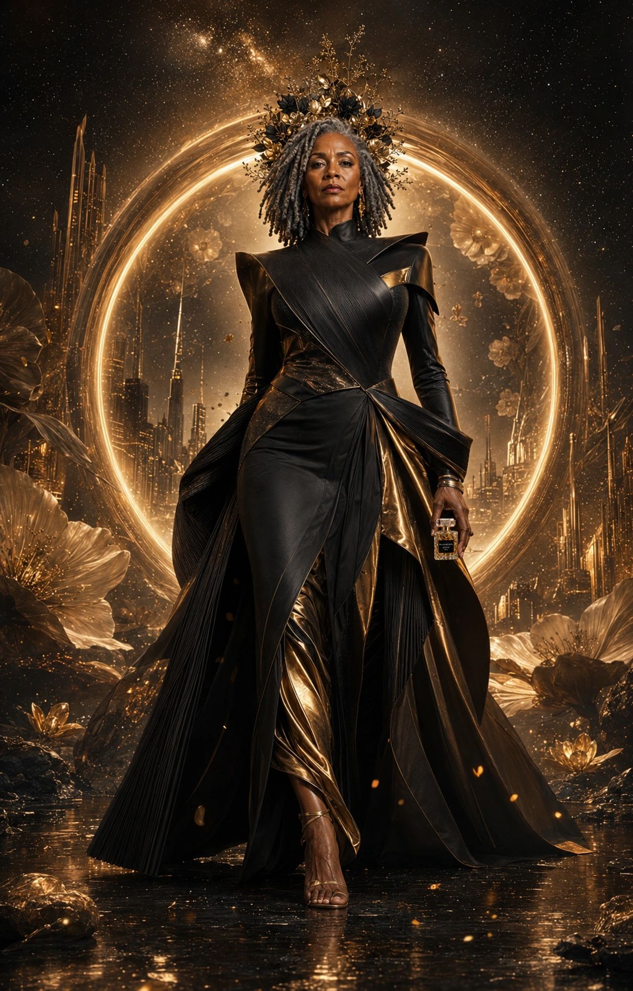 Regal woman in futuristic black and gold attire with a glowing backdrop.