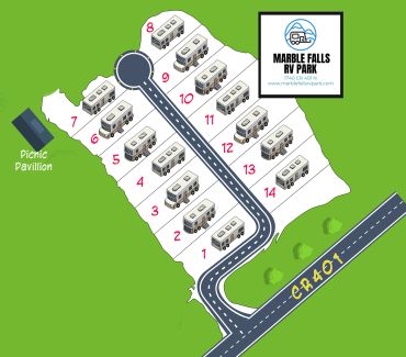 Map of Marble Falls RV Park with numbered RV spots and a picnic pavilion.