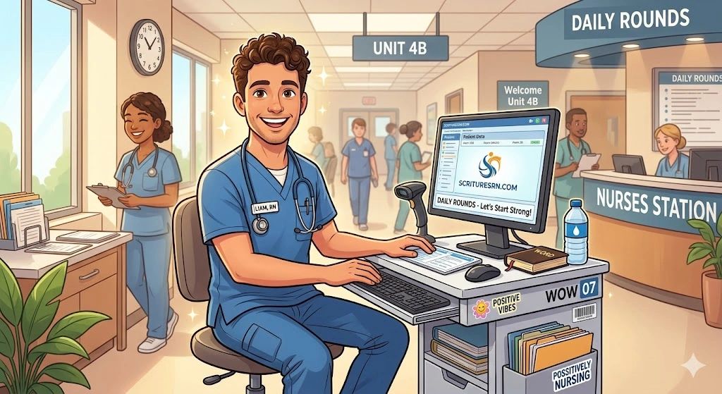 A cheerful nurse at Unit 4B nurses station during daily rounds.