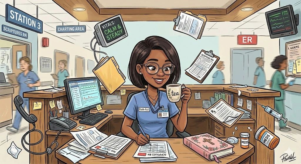 A nurse calmly working at a busy ER station, drinking tea and charting patient info.