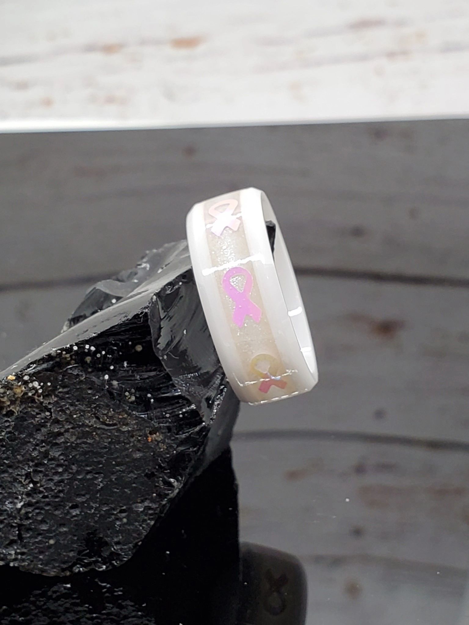 white ceramic pink ribbons breast cancer awareness ring