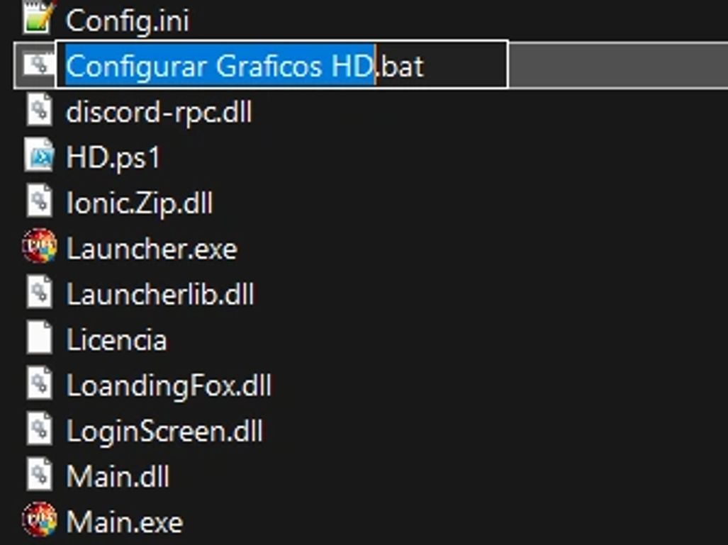 File list showing a highlighted batch script named 'Configurar Graficos HD.bat'.