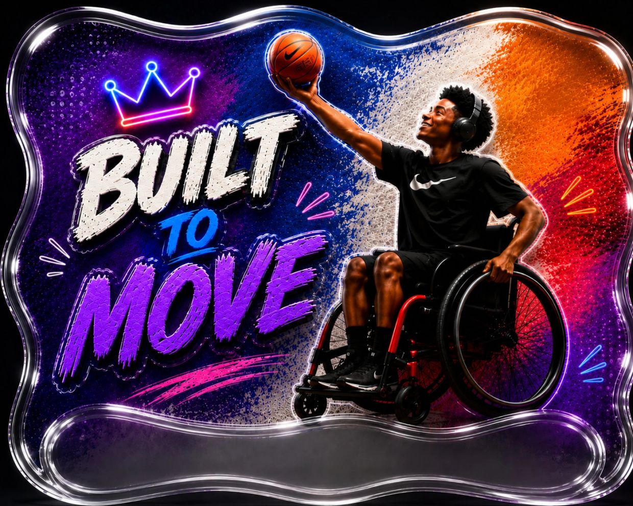 Athlete in wheelchair playing basketball with 'Built to Move' text.