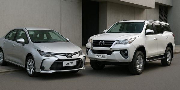 Silver Toyota Altis sedan and white Toyota Fortuner SUV parked side by side.