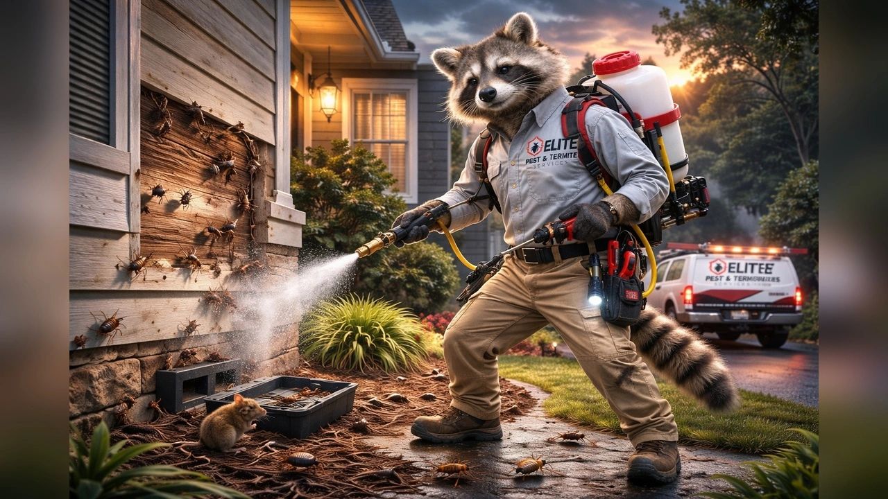 Anthropomorphic raccoon pest control spraying bugs on a house exterior.