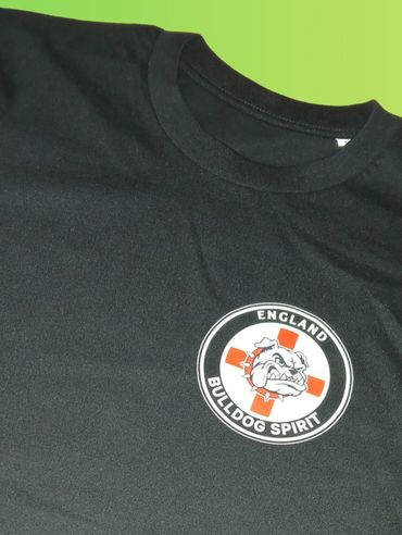 Black T-shirt with England Bulldog Spirit logo featuring an angry bulldog.