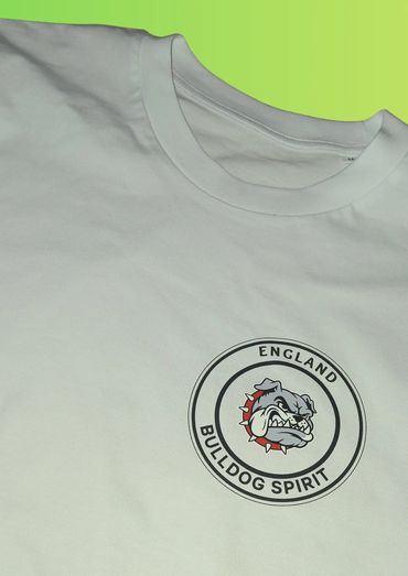White t-shirt with a bulldog logo and "England Bulldog Spirit" text.