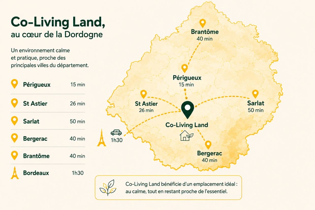 carte de localisation de Co-Living Land en Dordogne, hébergement temporaire meublé - Périgueux