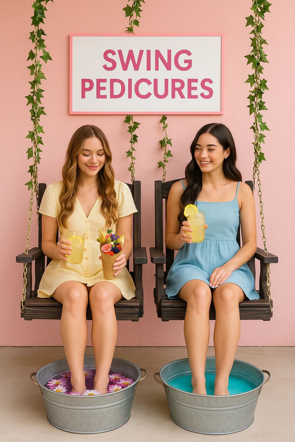 Two women enjoy pedicures on swings with refreshing drinks in a stylish spa setting in nail salon