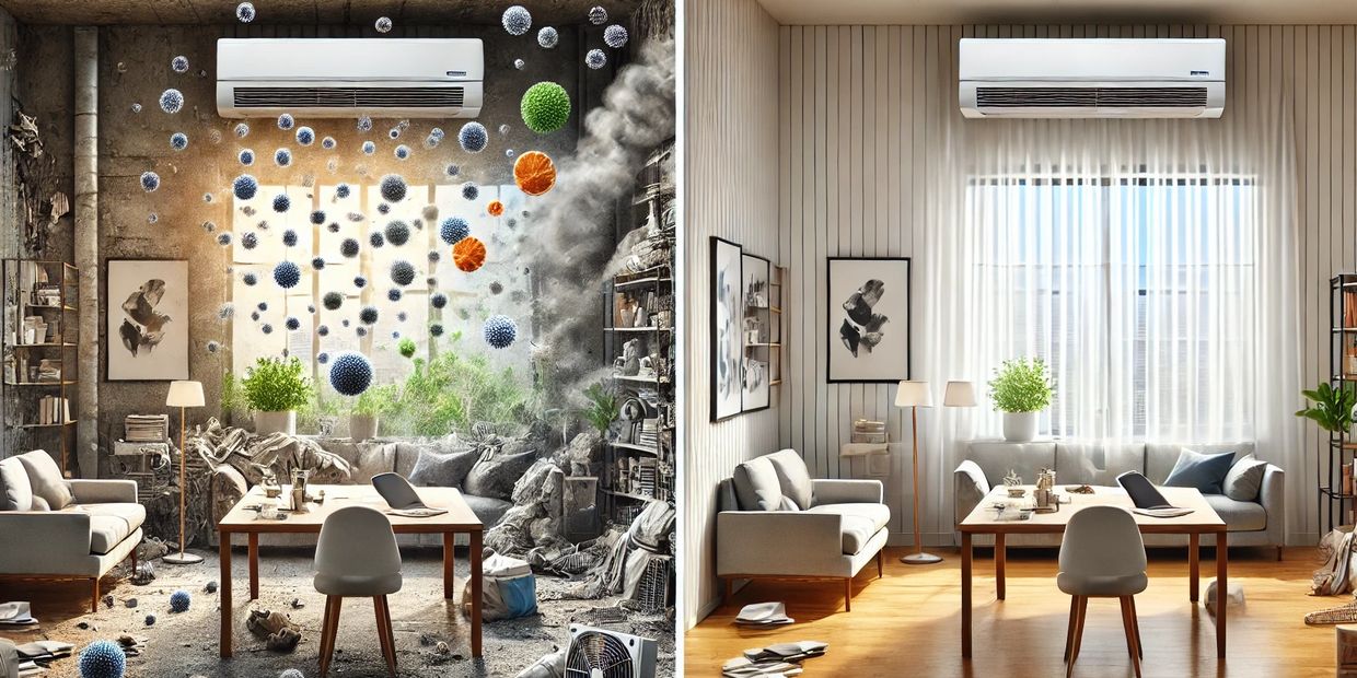 Before and after indoor air treatment showing mould removal and improved air quality