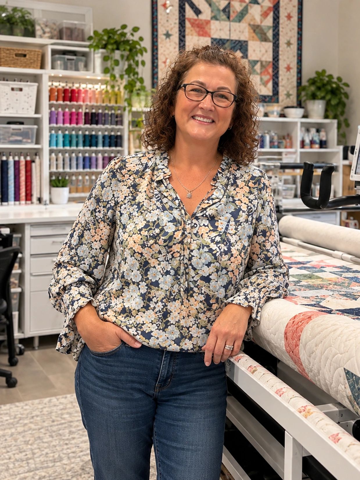 Woman smiling in a craft room with a quilt.