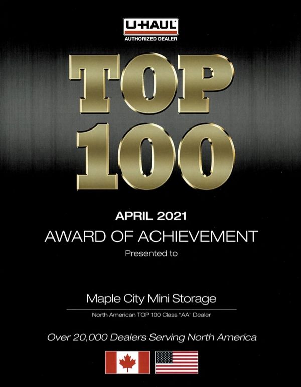 Top 100 U-Haul dealer 
April 2021
award of achievement 
Top 100 U-Haul authorized dealer
Chatham