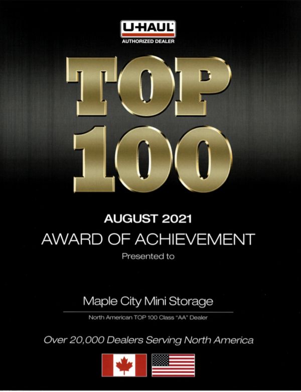 Top 100 U-Haul dealer 
august 2021
award of achievement 
Top 100 U-Haul authorized dealer
Chatham