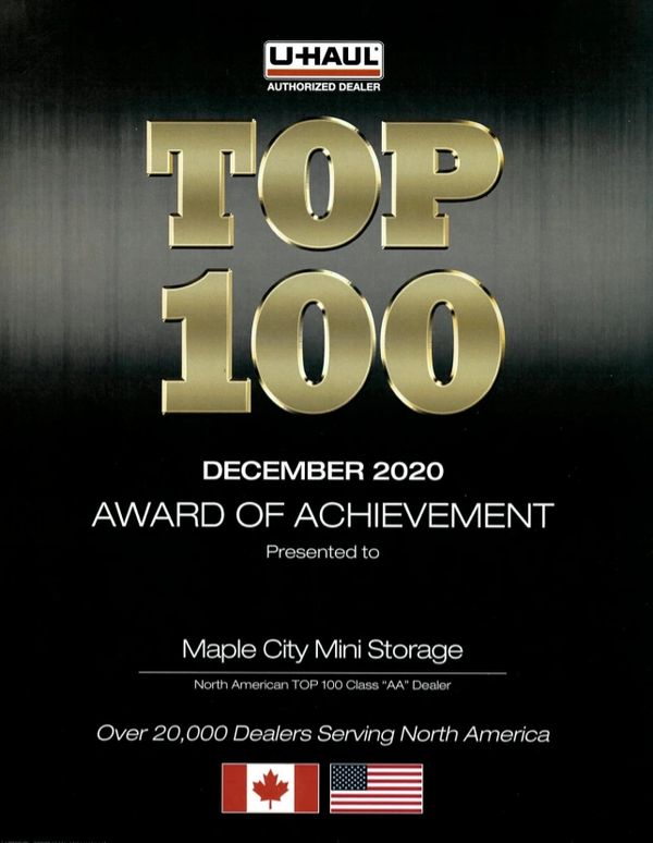 Top 100 U-Haul dealer 
December 2020
award of achievement 
Top 100 U-Haul authorized dealer
Chatham