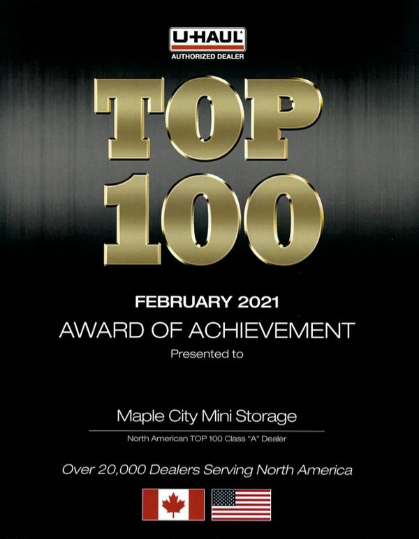 Top 100 U-Haul dealer 
February 2021
award of achievement 
Top 100 U-Haul authorized dealer
Chatham