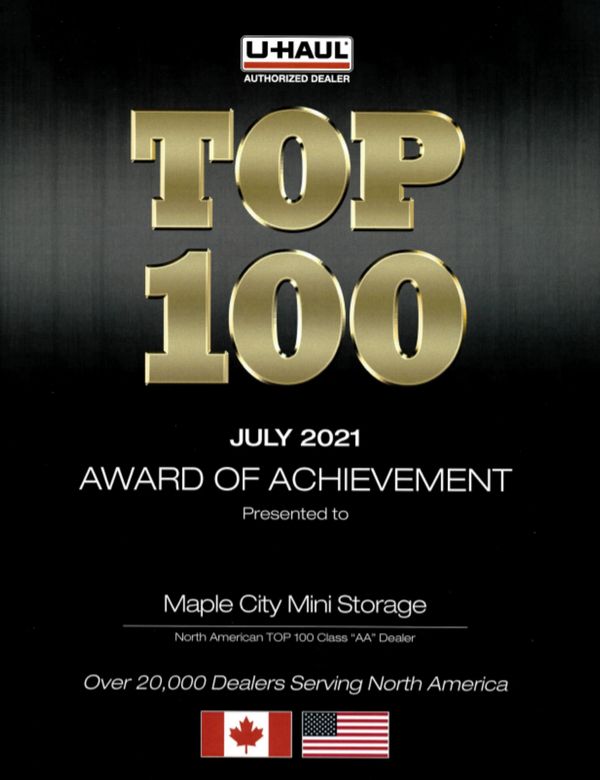 Top 100 U-Haul dealer 
July 2021
award of achievement 
Top 100 U-Haul authorized dealer
Chatham