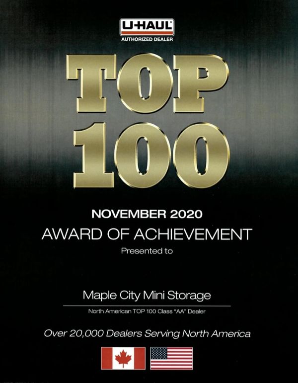 Top 100 U-Haul dealer 
November 2020
award of achievement 
Top 100 U-Haul authorized dealer
Chatham