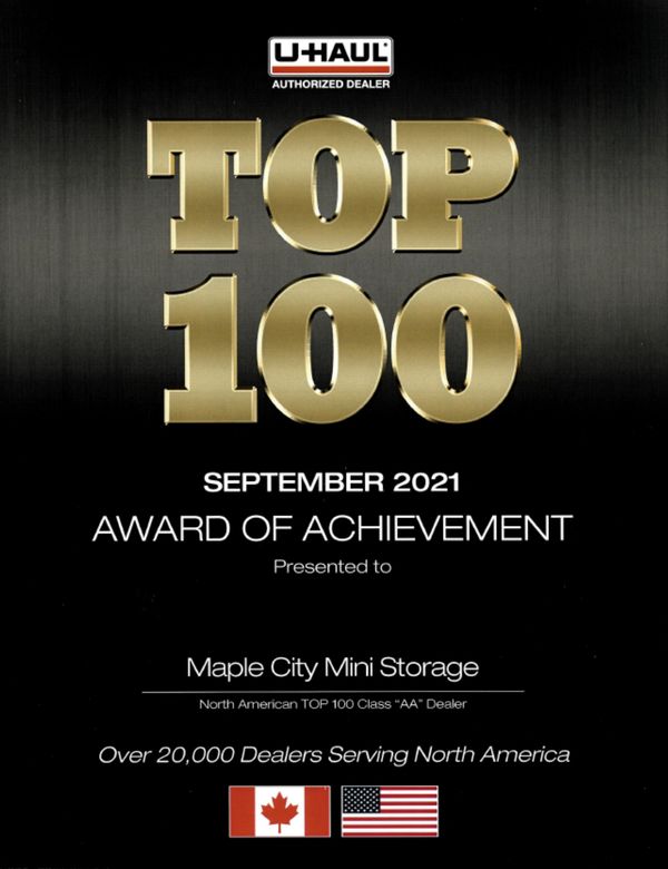 Top 100 U-Haul dealer 
September 2021
award of achievement 
Top 100 U-Haul authorized dealer
Chatham