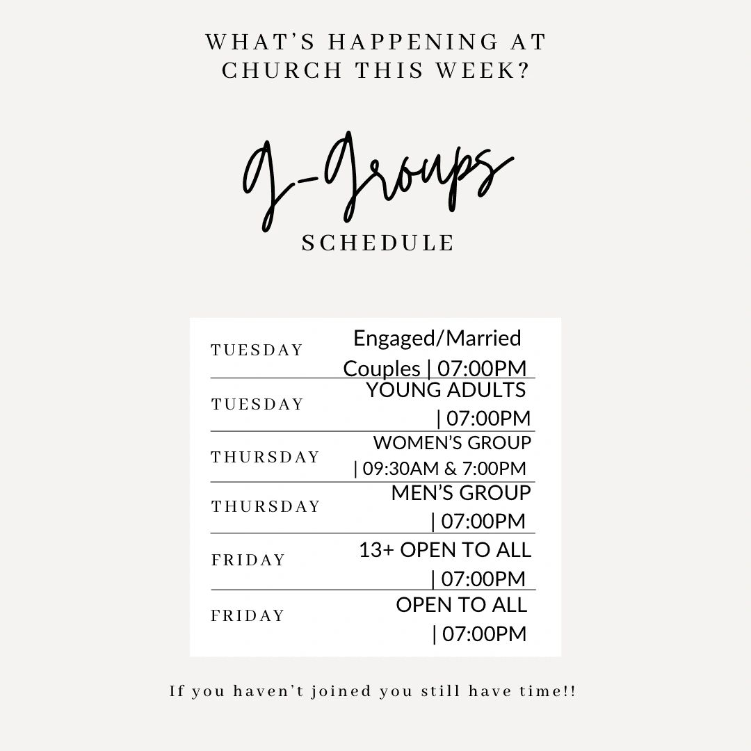 Weekly church G-groups schedule for various groups and times.