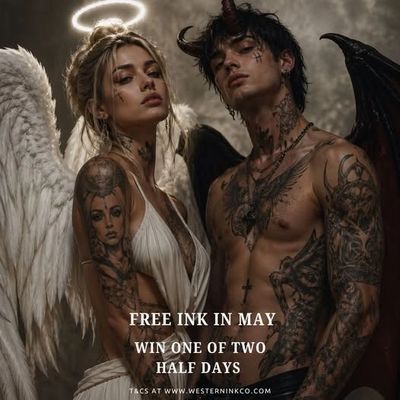 Angel and demon tattooed models promoting free ink event in May.
