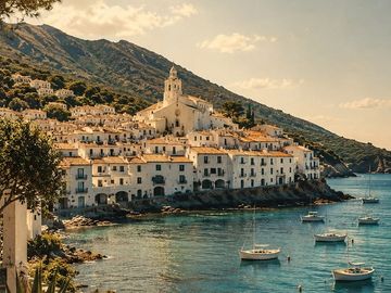 Coastal town with white buildings and boats on calm water under a warm sky.