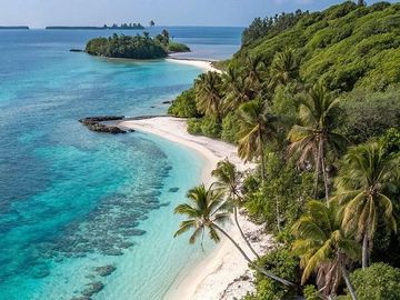 Tropical island with turquoise waters and palm trees along a white sandy beach.