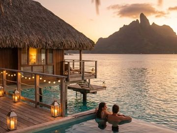 Couple enjoying a sunset in a pool beside a thatched overwater bungalow.