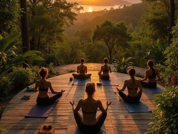 Group practicing yoga at sunrise on a wooden platform surrounded by nature.