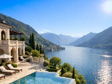 Luxury villa with infinity pool overlooking a serene lake and mountains.