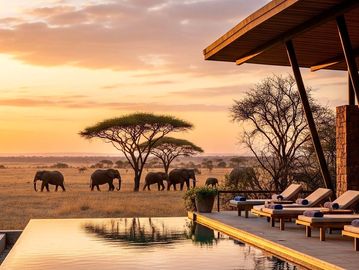 A serene African sunset with elephants near a luxury poolside retreat.