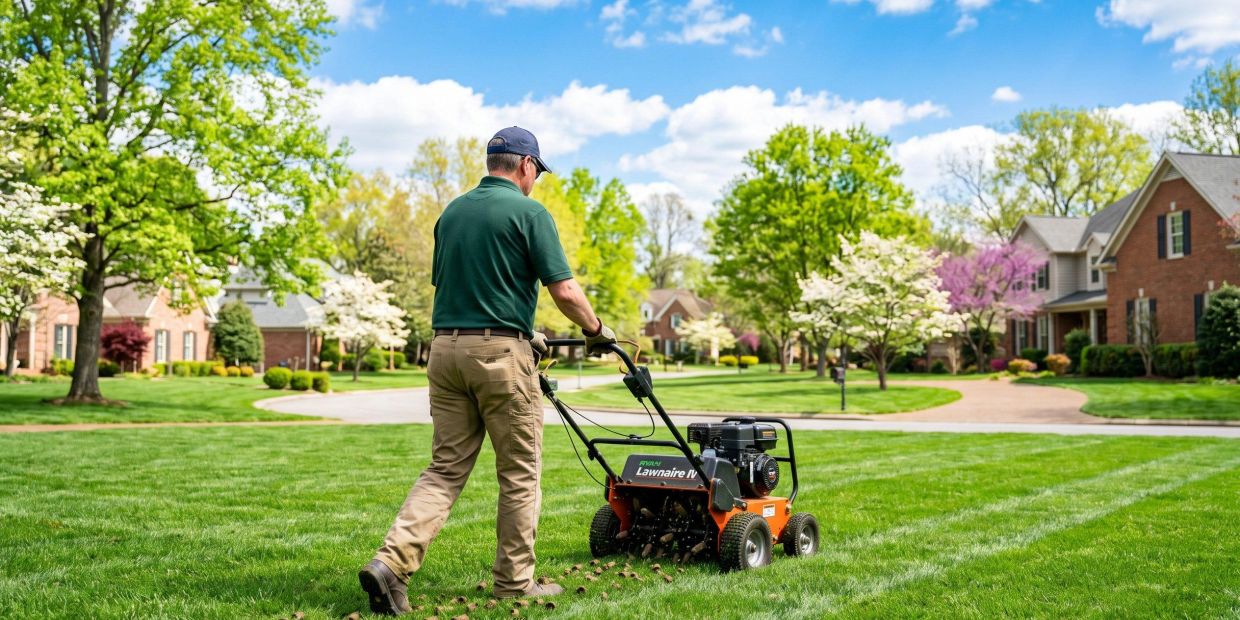 Man aerating a lush green lawn on a sunny day.