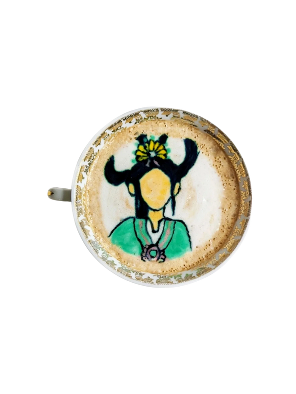 A top down shot of a latte with a faceless woman of Asian descent is drawn intraditional Chinese clo