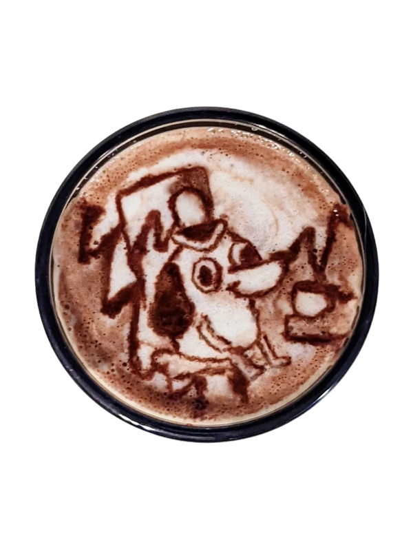 Top down shot of a mocha with a cartoon dog drinking coffee in room full of fire flames drawn in it