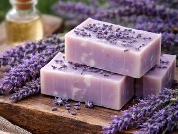 Lavender soap bars with dried lavender flowers on wooden surface.